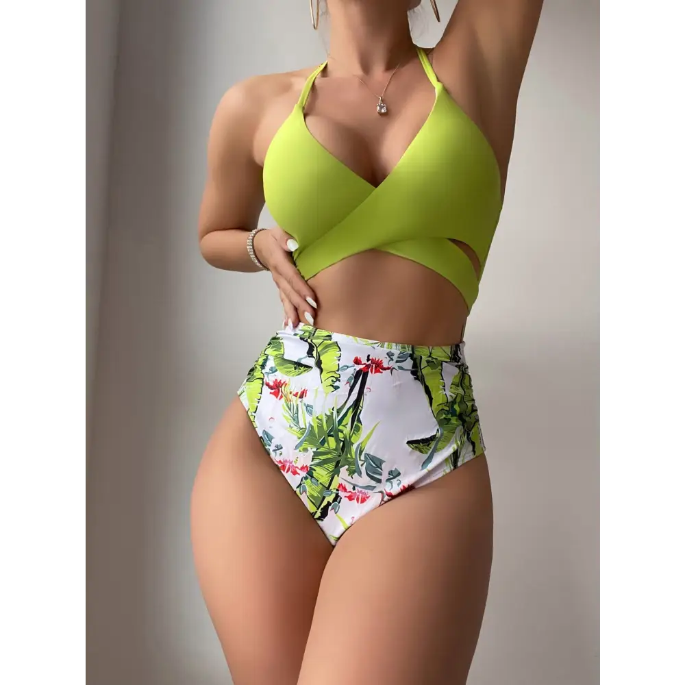 Triangle Crisscross Printing Bikini - S / Green - Bikinis