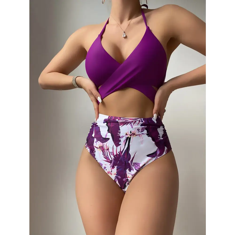 Triangle Crisscross Printing Bikini - S / Purple - Bikinis