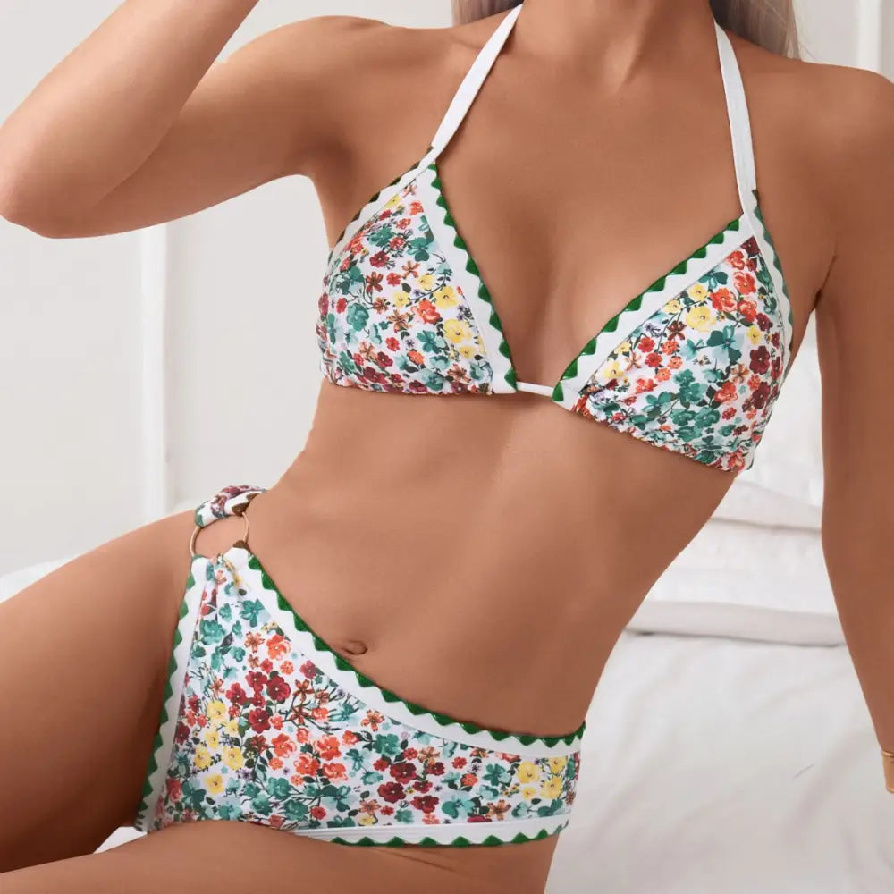 Triangle Seaside Beach Bikini - S / Green Floral - Bikinis