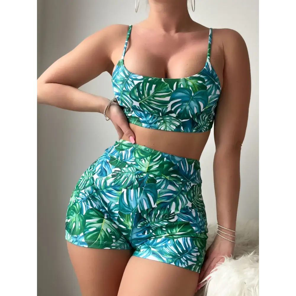 Tropical Plant Print Tankini - S / Green