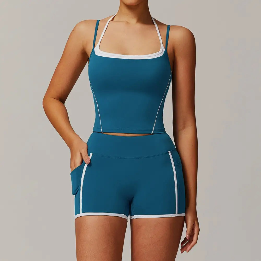 Two-Piece Halter High Waist Activewear - S / Bra Shorts Dark Blue