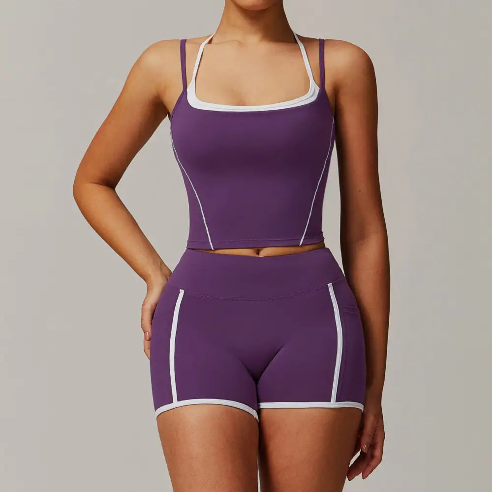 Two-Piece Halter High Waist Activewear - S / Bra Shorts Dark Reddish Purple