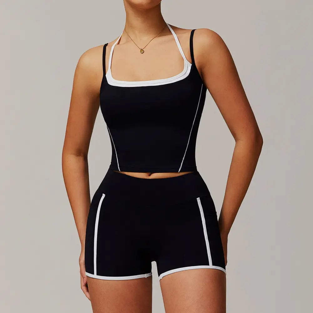 Two-Piece Halter High Waist Activewear - S / Bra Shorts Premium Black
