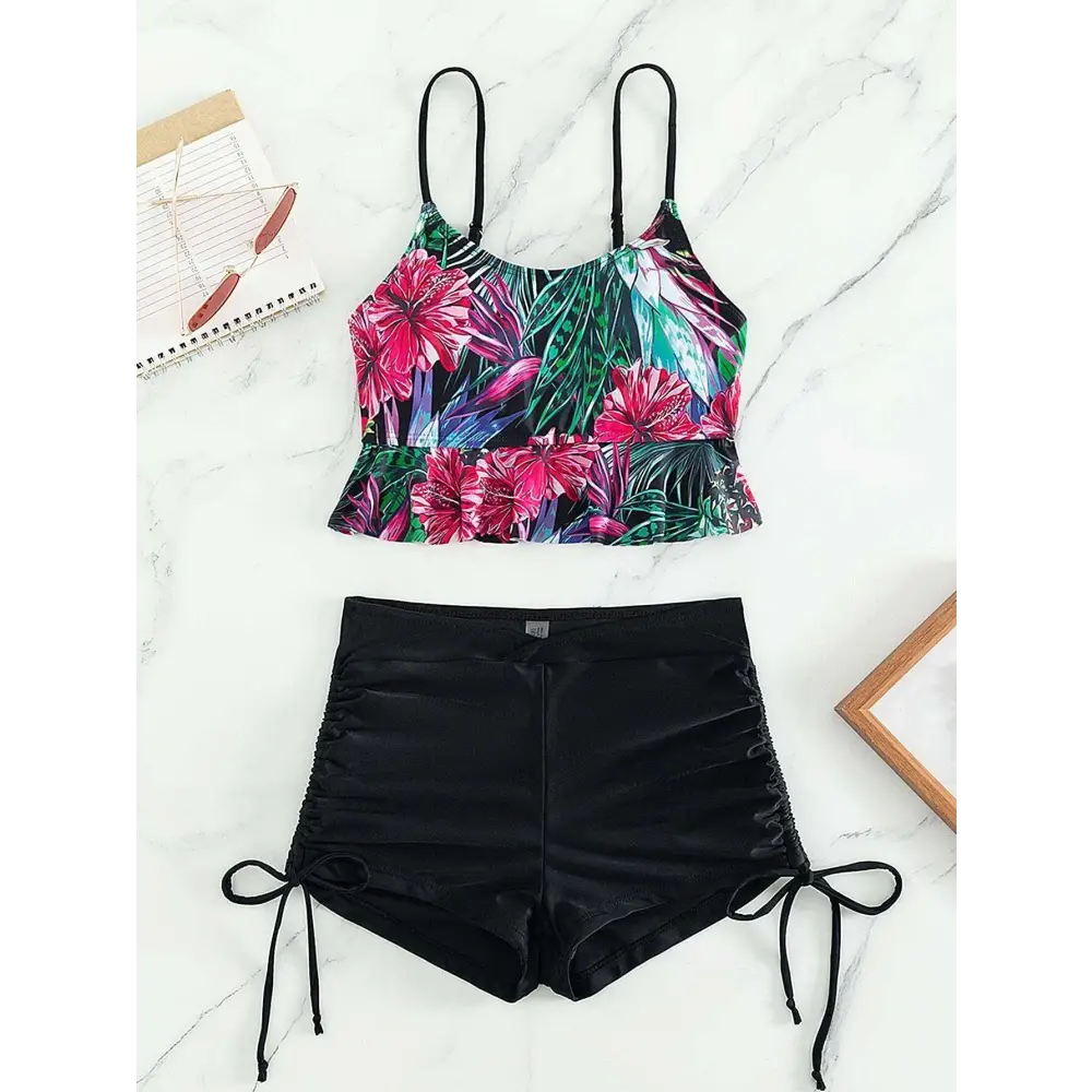 Two-Piece Printed Tankini Swimsuit - S / Black