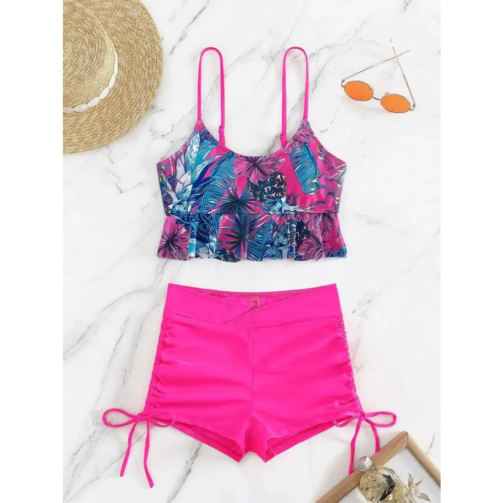 Two-Piece Printed Tankini Swimsuit - S / Coral Red