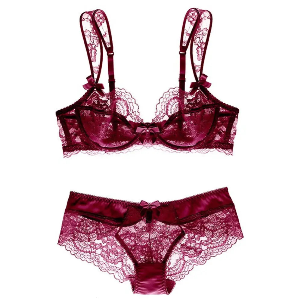 Ultra Thin Sponge Free Maiden Sexy Lace Bra Set - 70A / Burgundy - Panty Sets