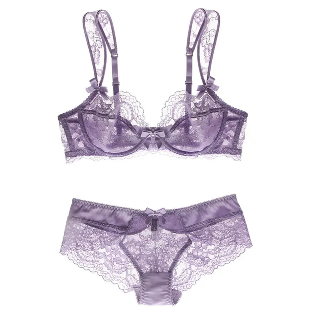 Ultra Thin Sponge Free Maiden Sexy Lace Bra Set - 70A / Purple - Panty Sets