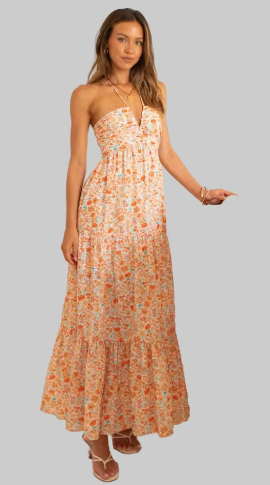 V-Neck Maxi Dress - S / Orange Printing - Dresses