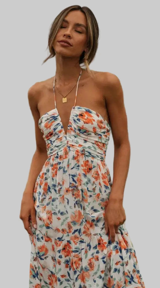 V-Neck Maxi Dress - S / Red Printing - Dresses