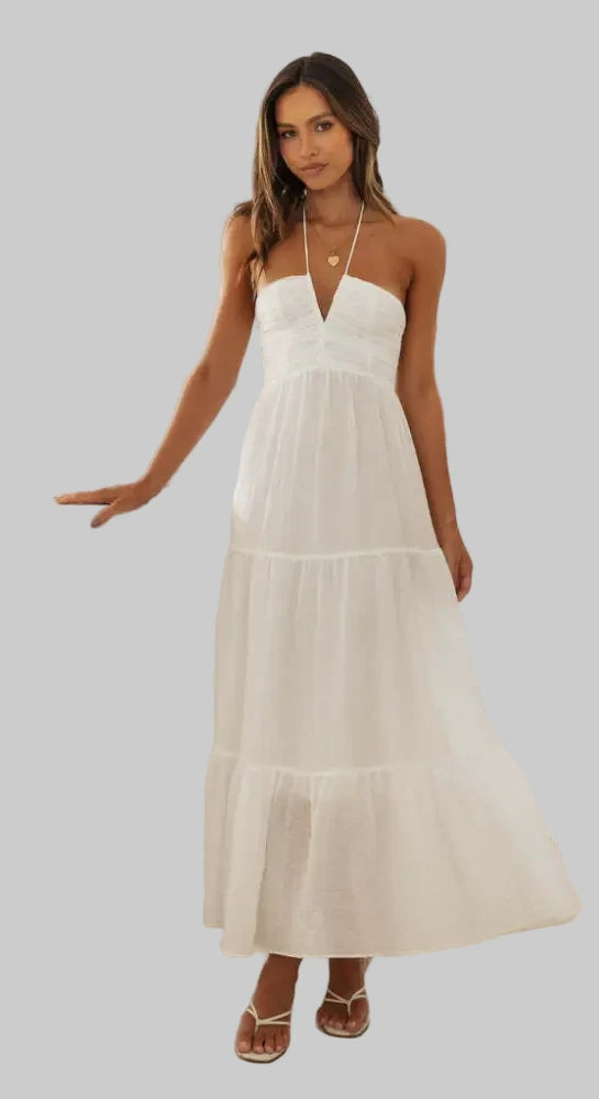 V-Neck Maxi Dress - S / White - Dresses