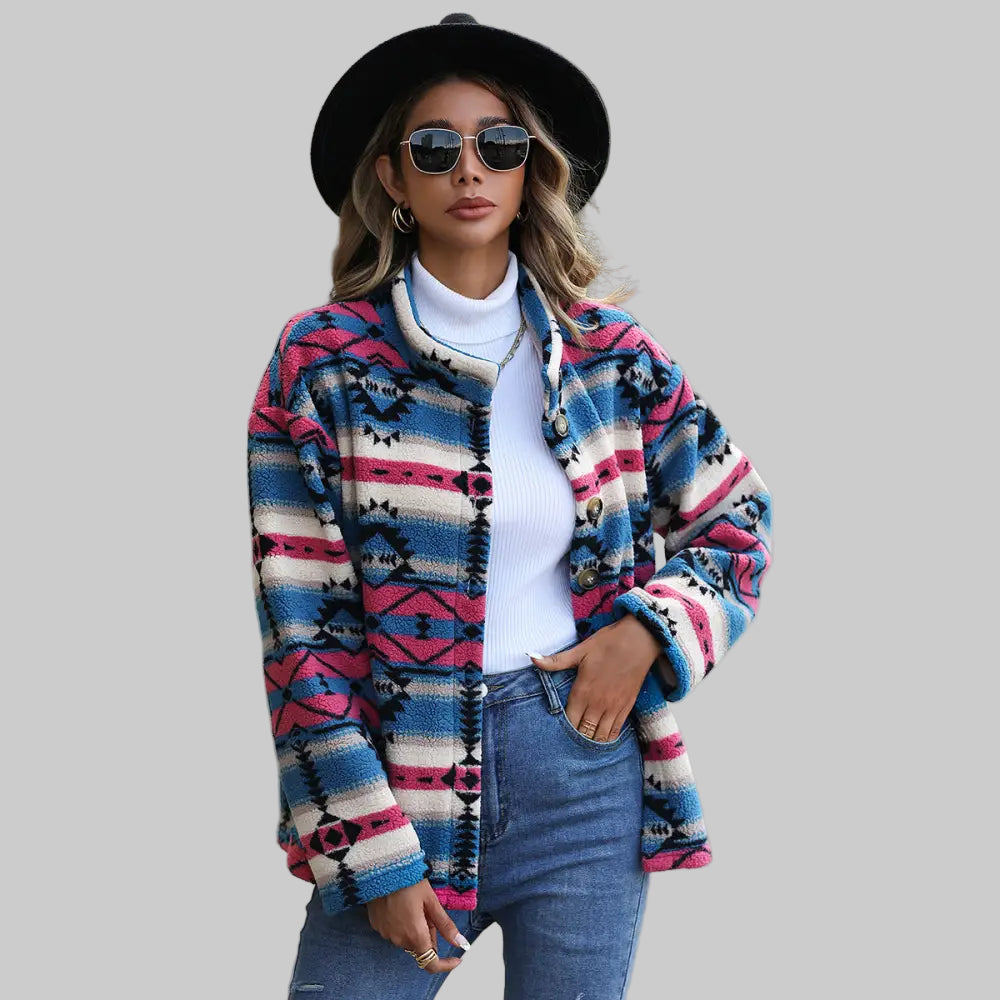 Velvet Casual Plush Geometric Abstract Pattern Austrian Grain Coat - Outerwear