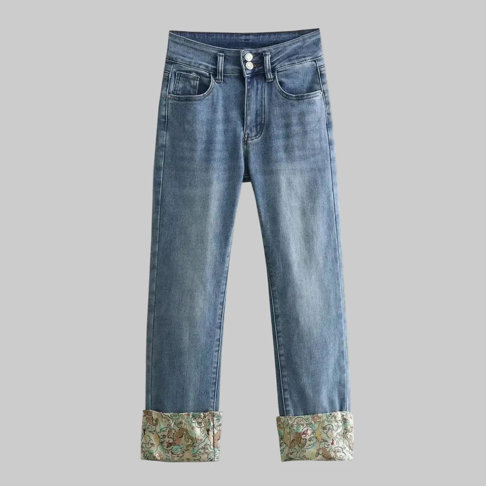 Vintage Satin Patch Cropped Jeans - S / Blue