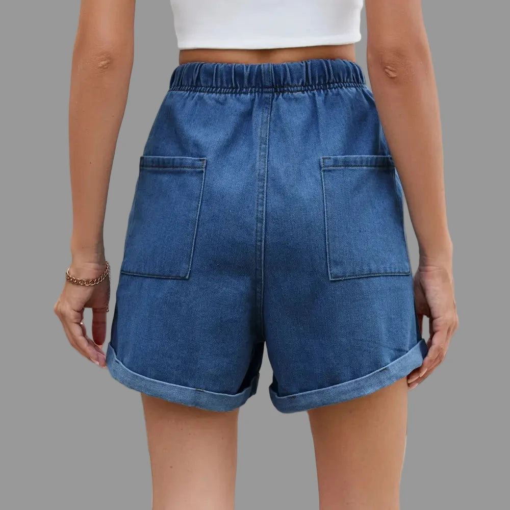 Washed Curling Elastic Waistband Lace-up Denim Shorts