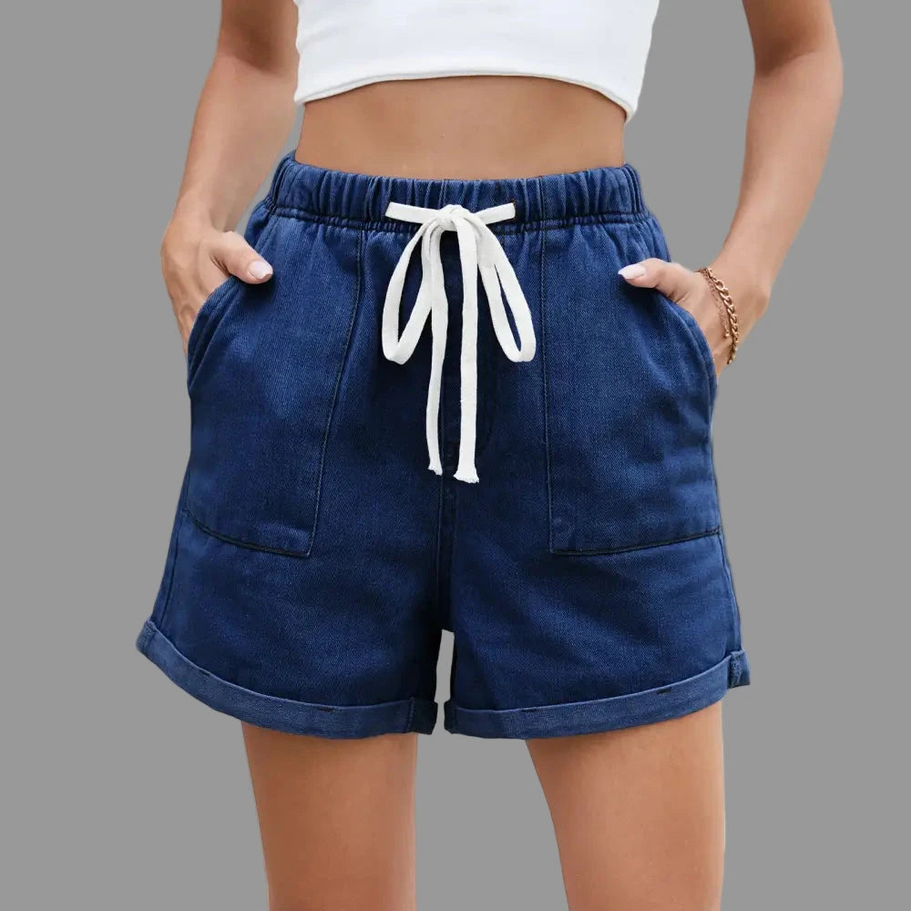 Washed Curling Elastic Waistband Lace-up Denim Shorts