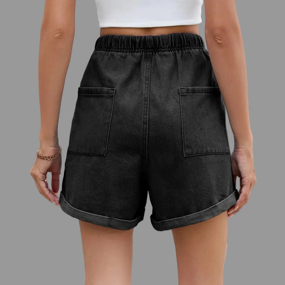 Washed Curling Elastic Waistband Lace-up Denim Shorts
