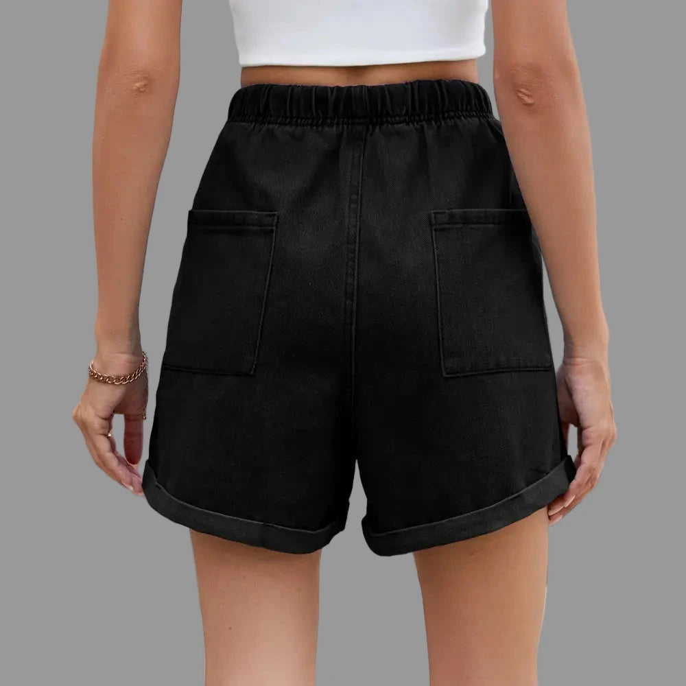 Washed Curling Elastic Waistband Lace-up Denim Shorts