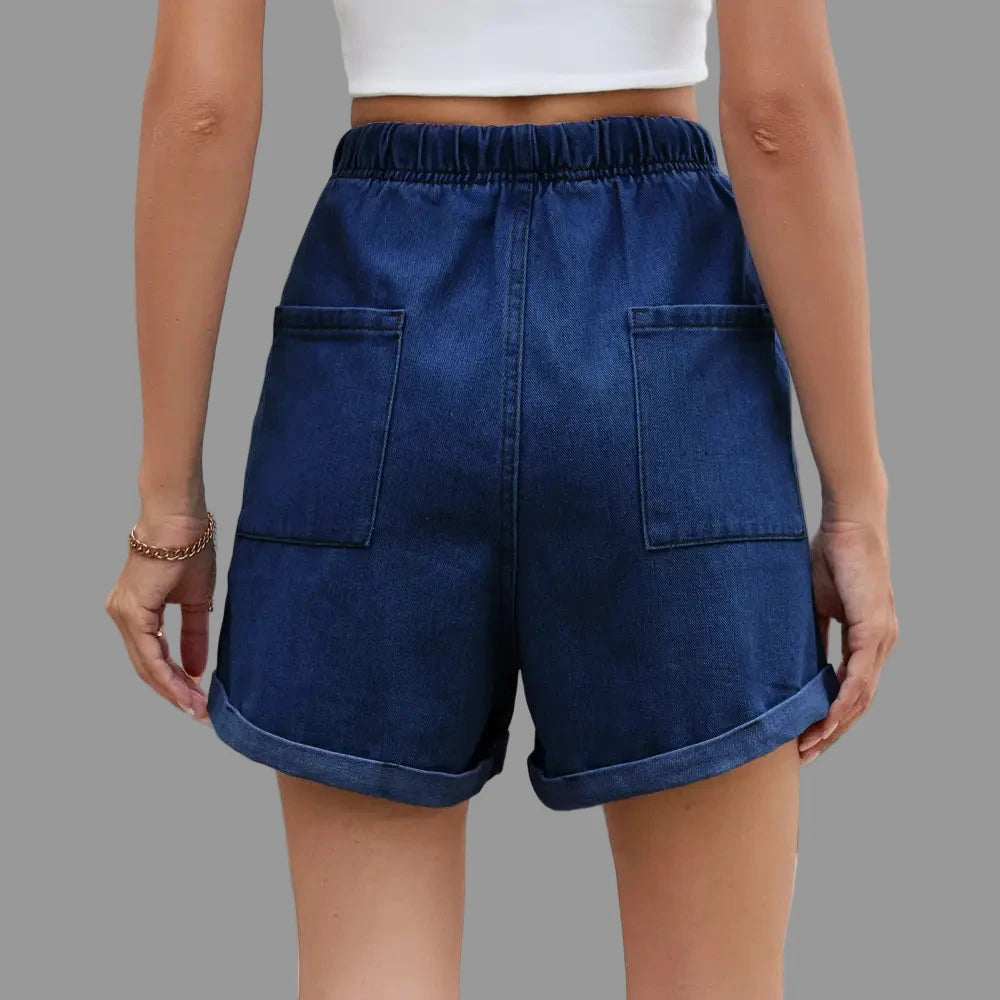 Washed Curling Elastic Waistband Lace-up Denim Shorts