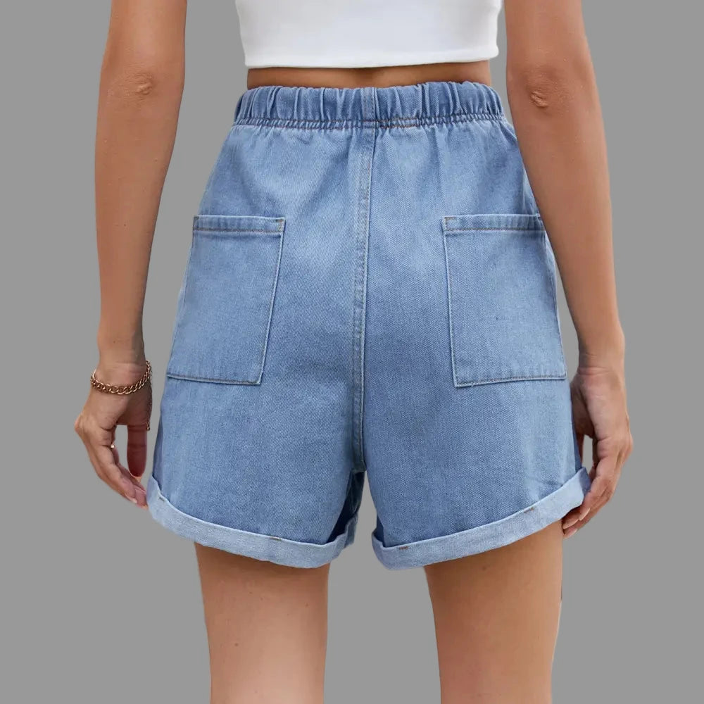 Washed Curling Elastic Waistband Lace-up Denim Shorts