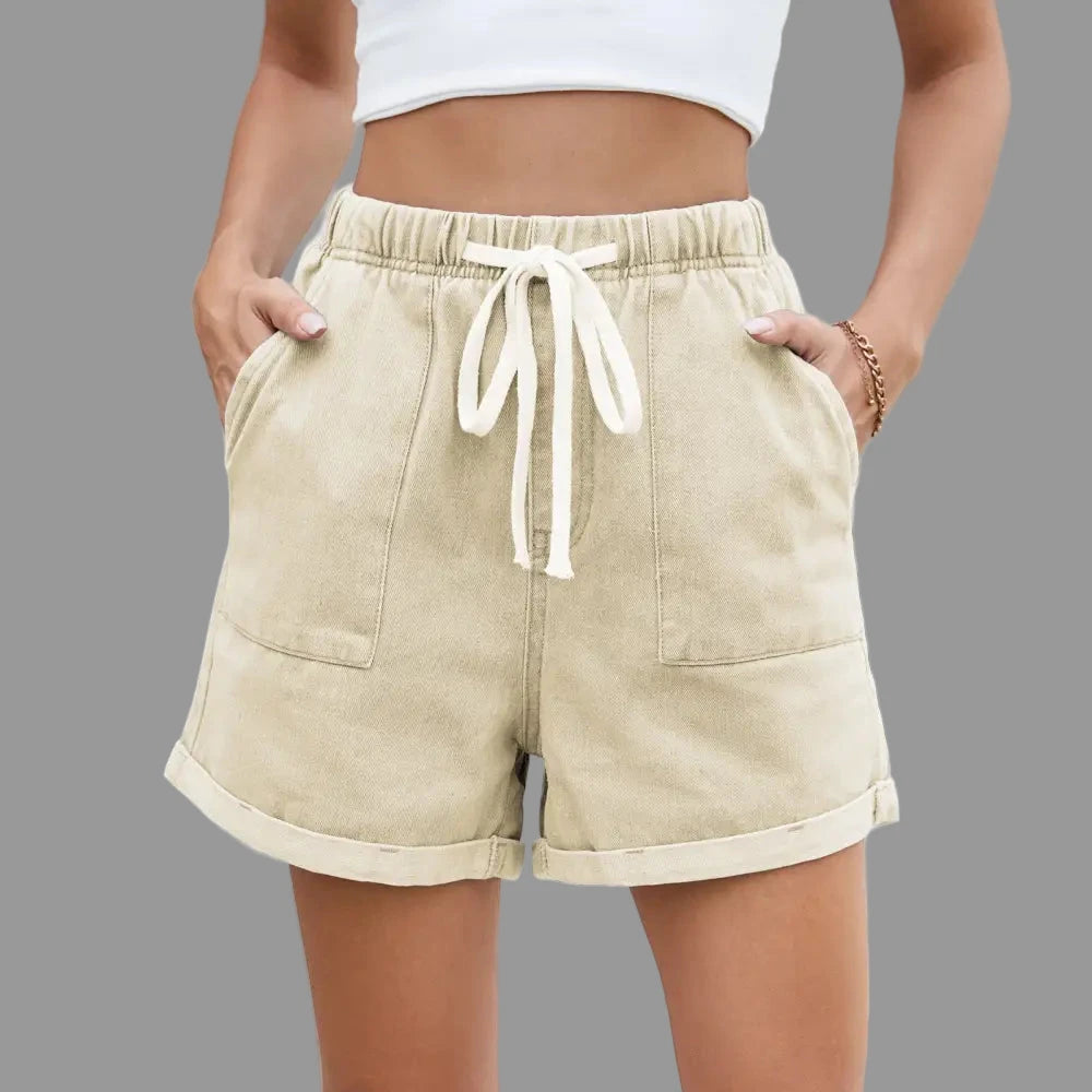 Washed Curling Elastic Waistband Lace-up Denim Shorts - S / Apricot