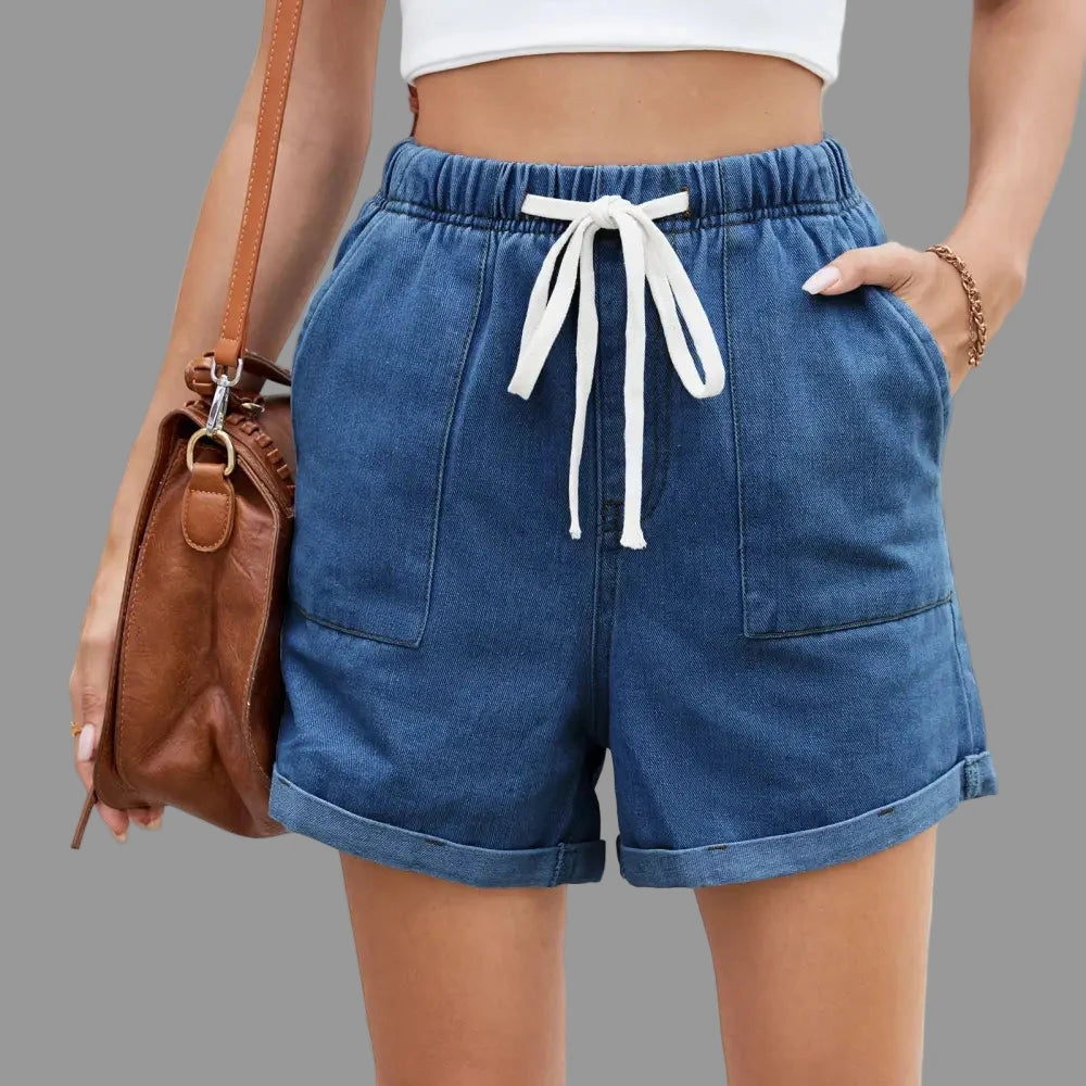 Washed Curling Elastic Waistband Lace-up Denim Shorts - S / Indigo Blue