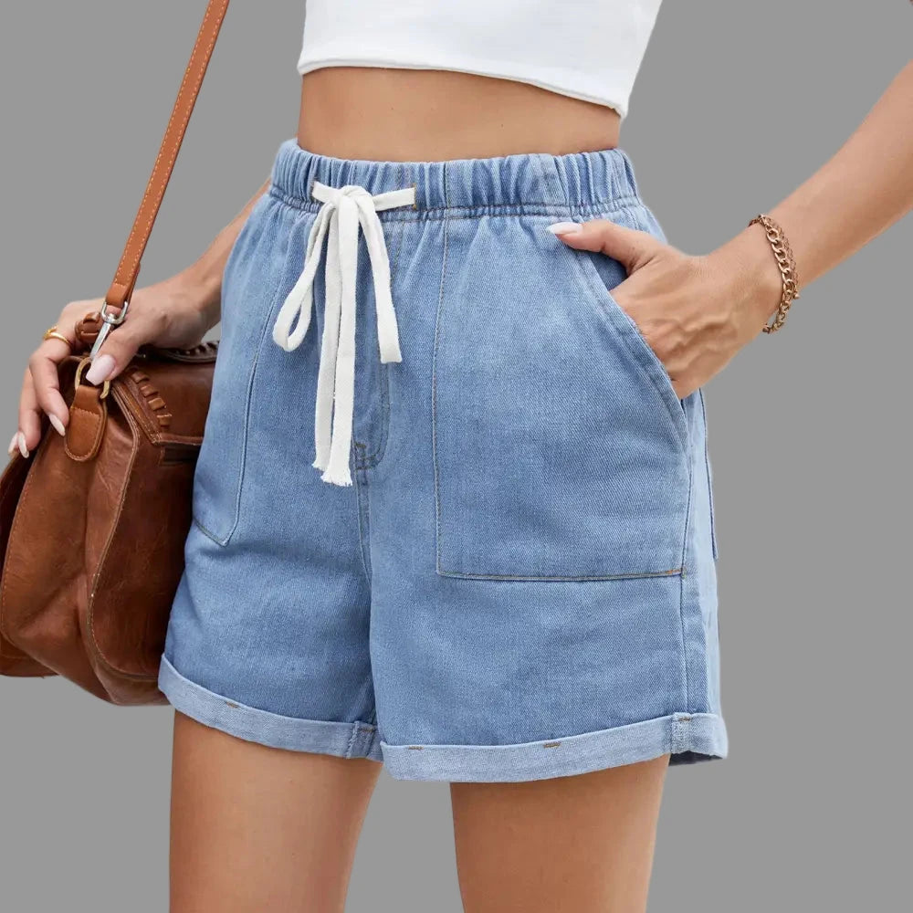 Washed Curling Elastic Waistband Lace-up Denim Shorts - S / Light Blue