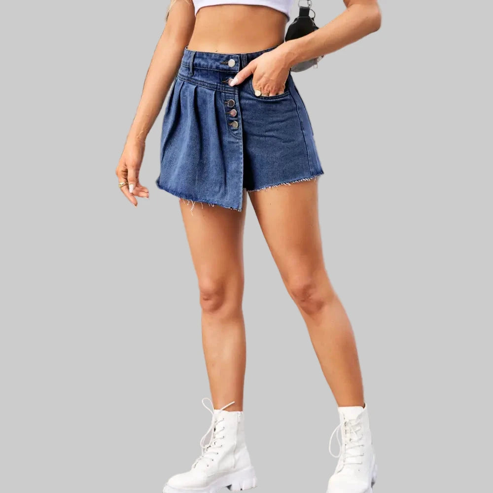 Washed Denim Culottes Skort - S / Navy Blue - Skirts