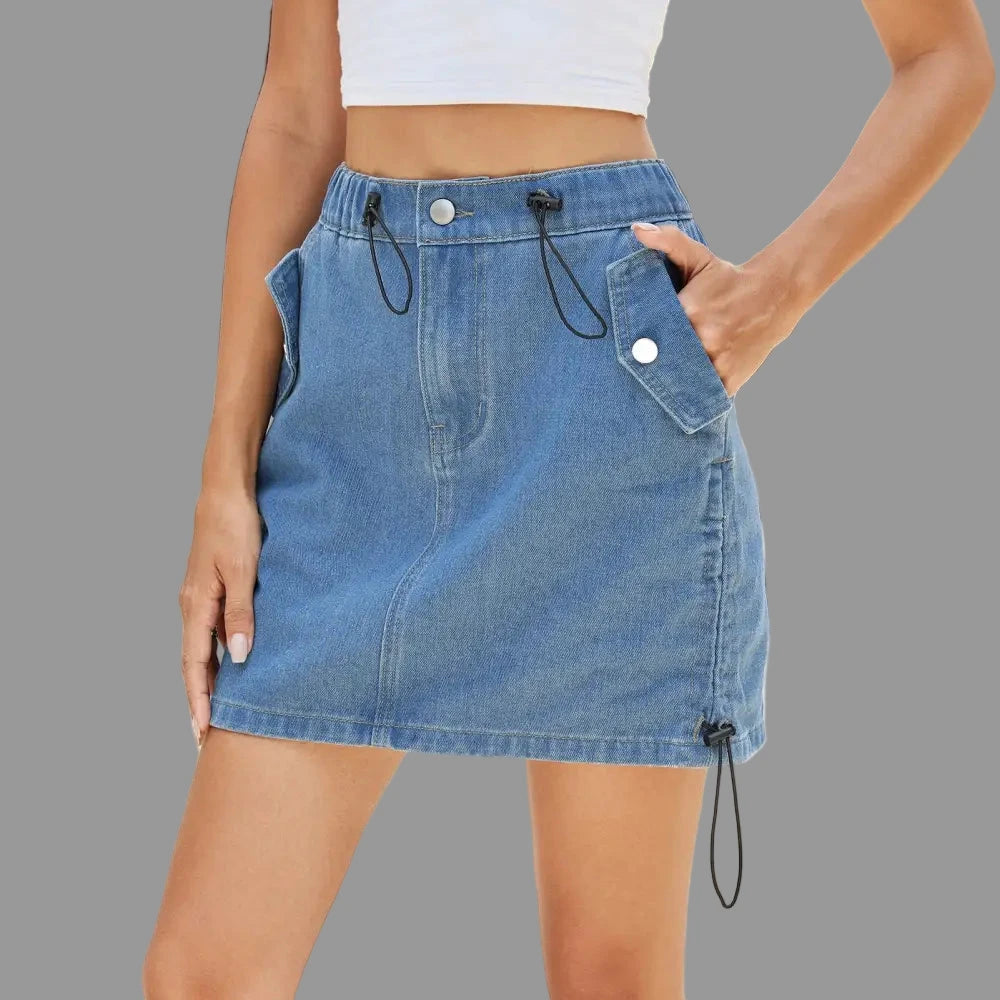 Washed Drawstring Elastic Waist Denim Skirt - S / Blue - Skirts