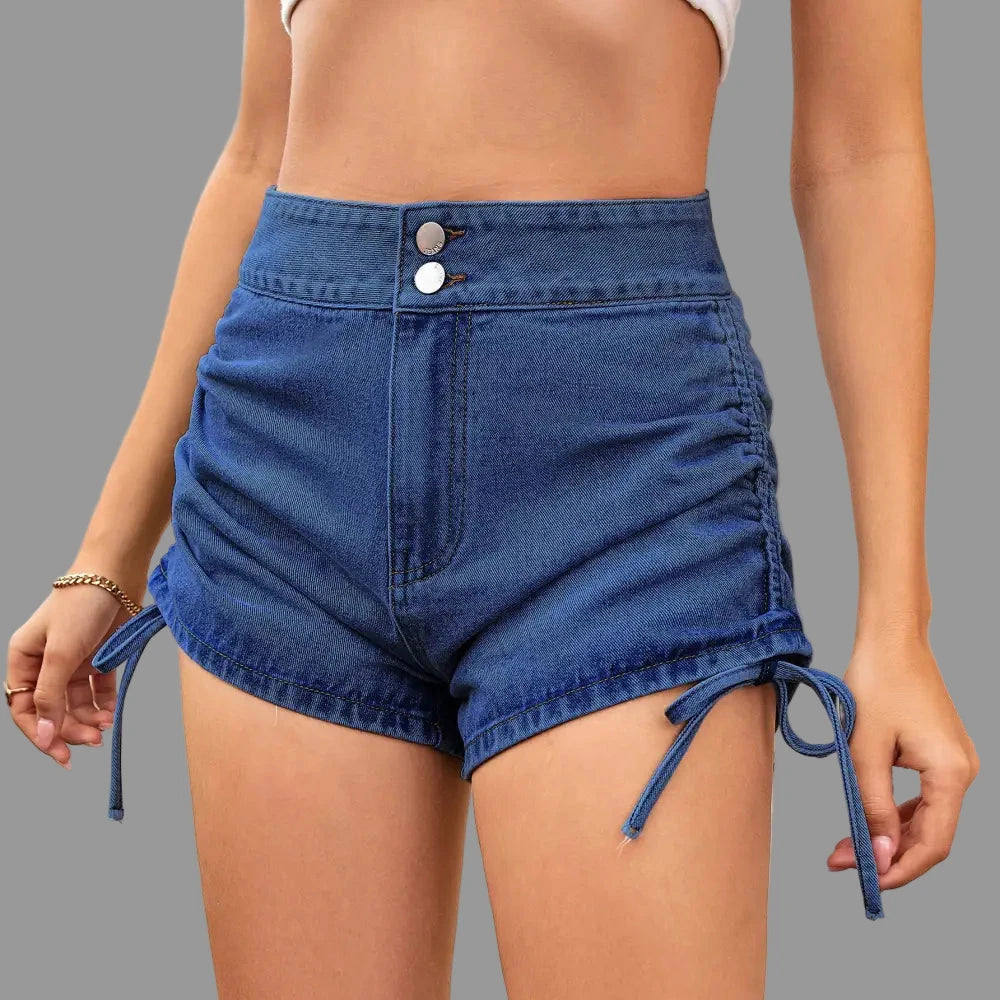 Washed High Waist Drawstring Denim Shorts
