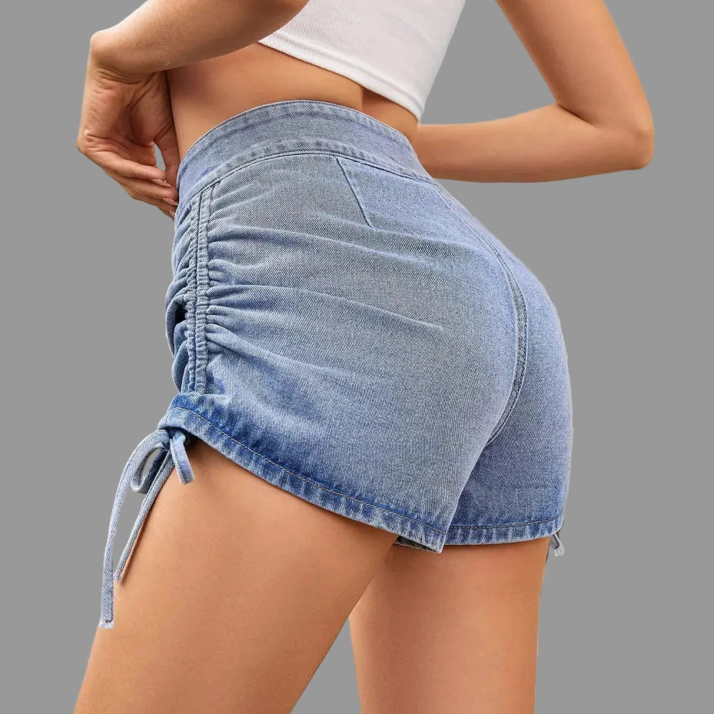 Washed High Waist Drawstring Denim Shorts