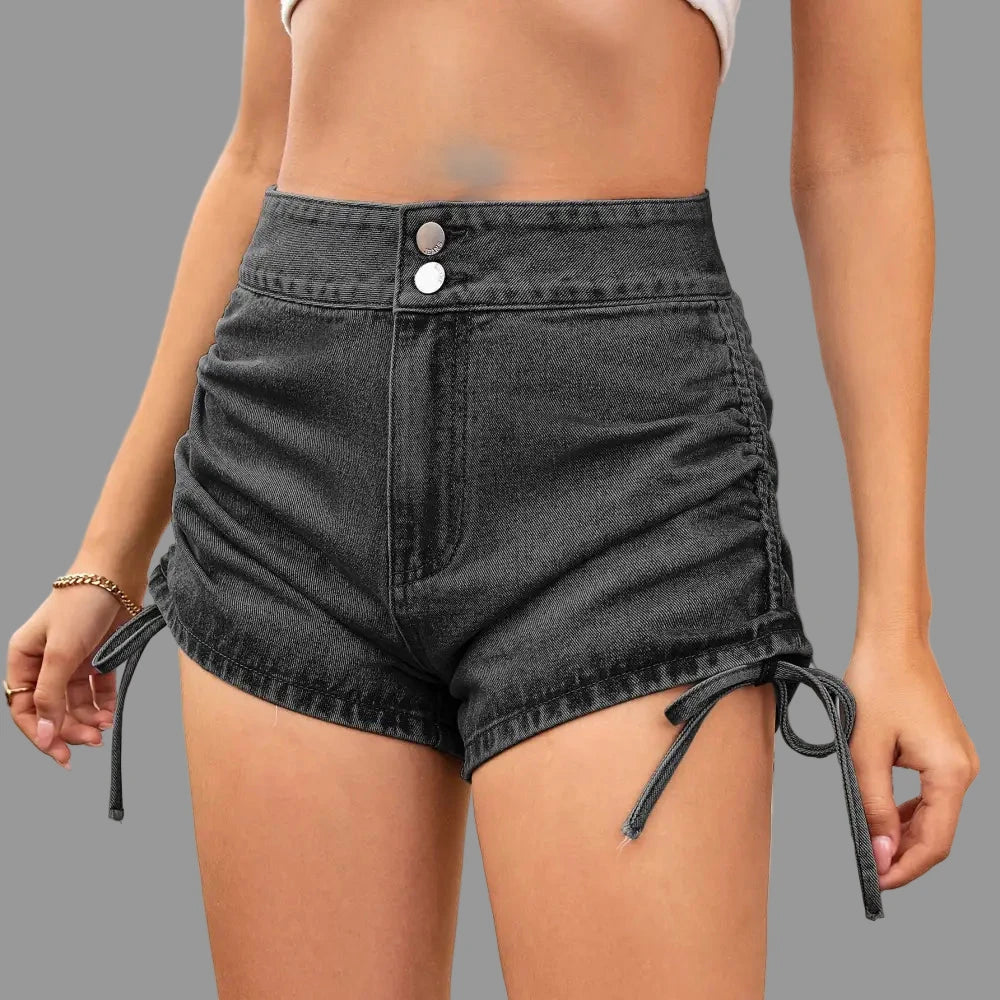 Washed High Waist Drawstring Denim Shorts