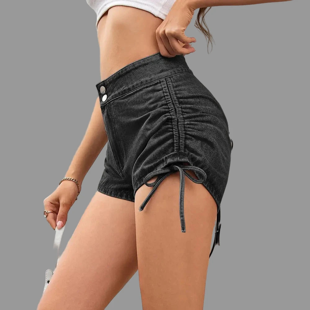 Washed High Waist Drawstring Denim Shorts - S / Dark Gray