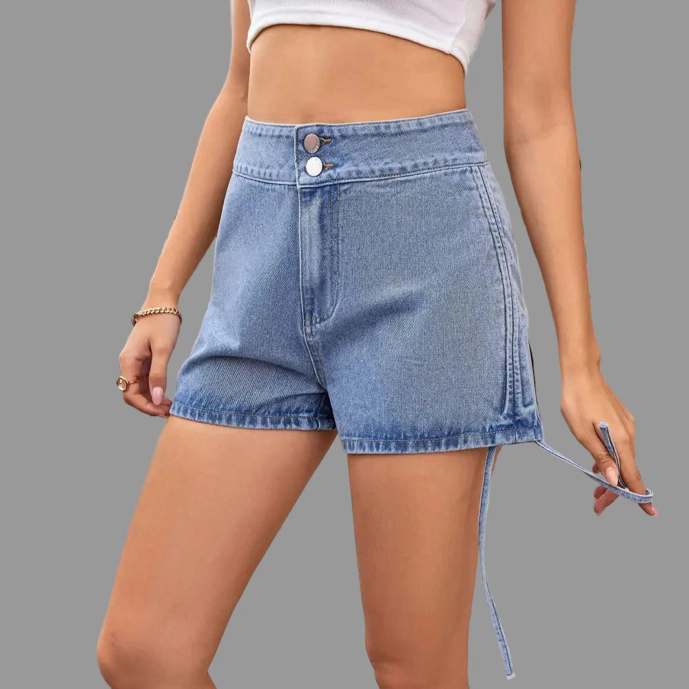 Washed High Waist Drawstring Denim Shorts - S / Light Blue