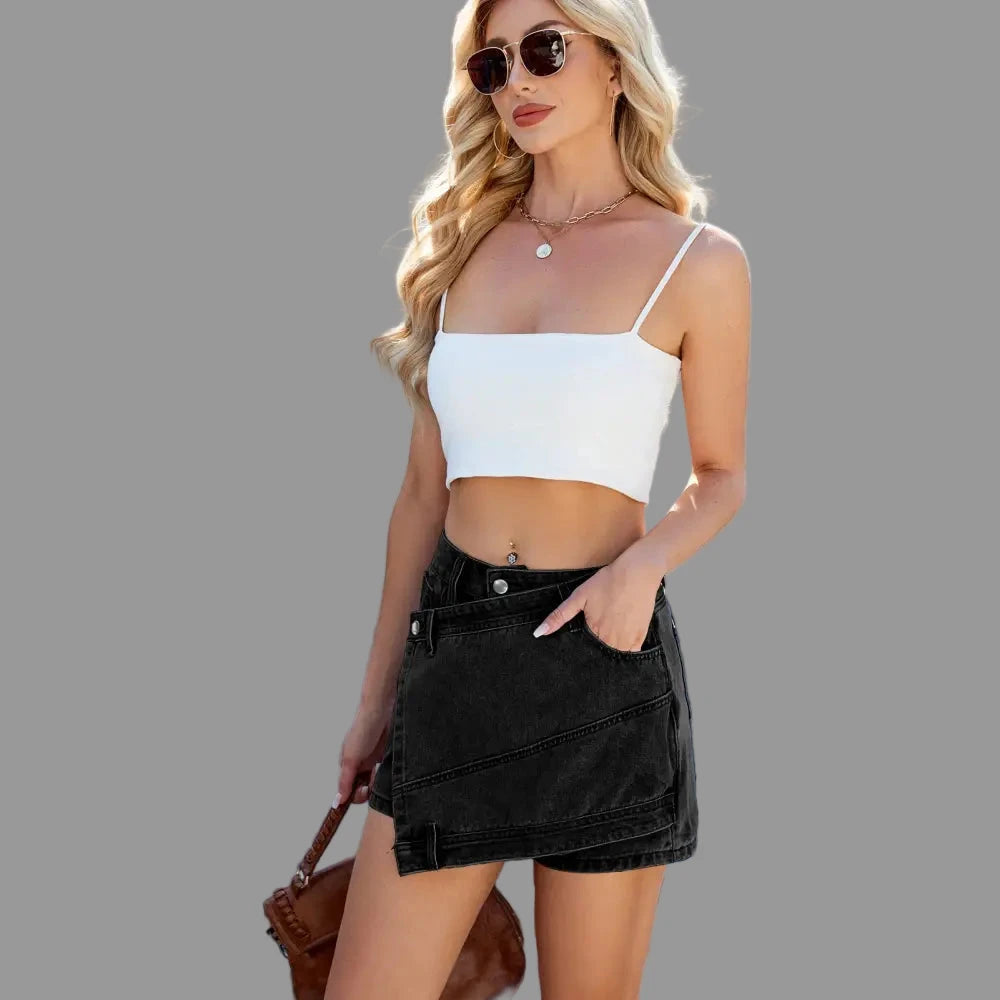 Washed Irregular Asymmetric Denim Skort - S / Dark Gray - Skirts