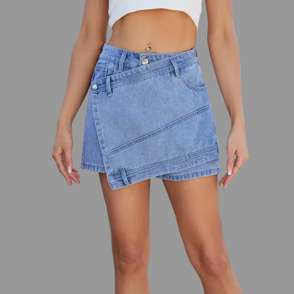 Washed Irregular Asymmetric Denim Skort - S / Light Blue - Skirts