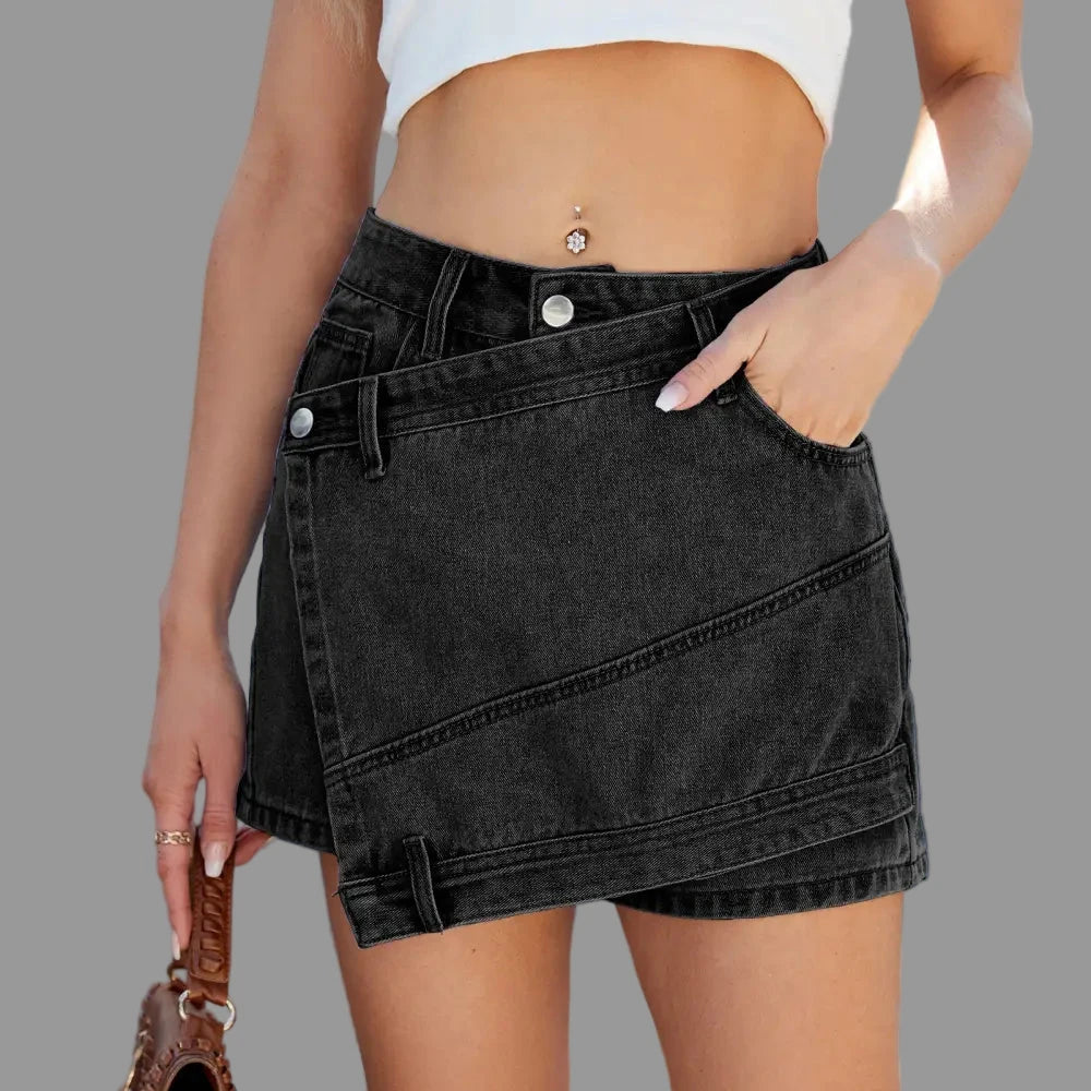 Washed Irregular Asymmetric Denim Skort - Skirts