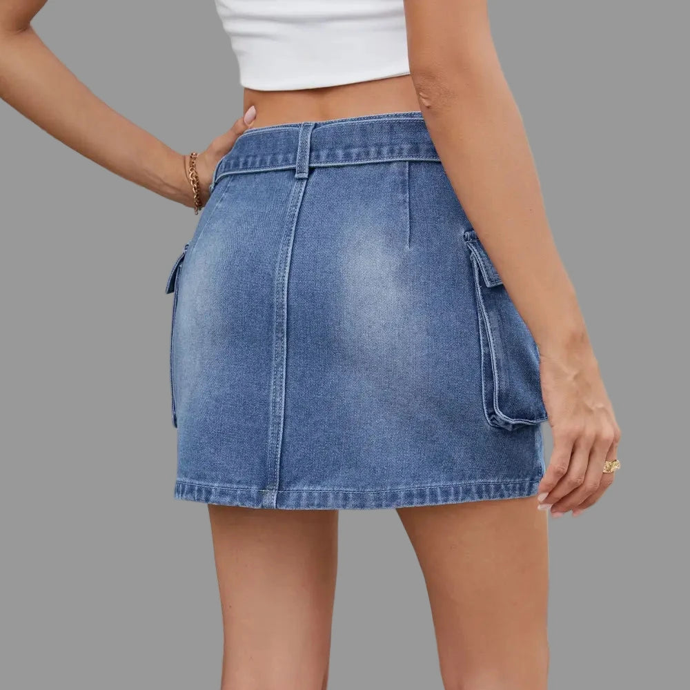Washed Pocket Tooling Denim Skirt - Skirts