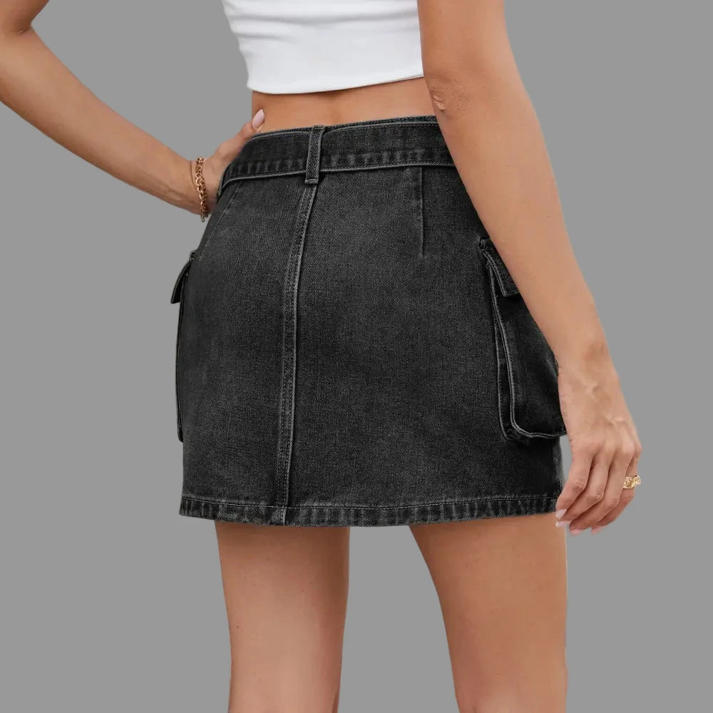 Washed Pocket Tooling Denim Skirt - Skirts