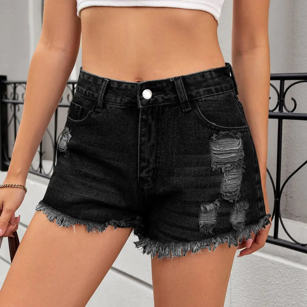 Washed Ripped Denim Shorts - S / Dark Gray