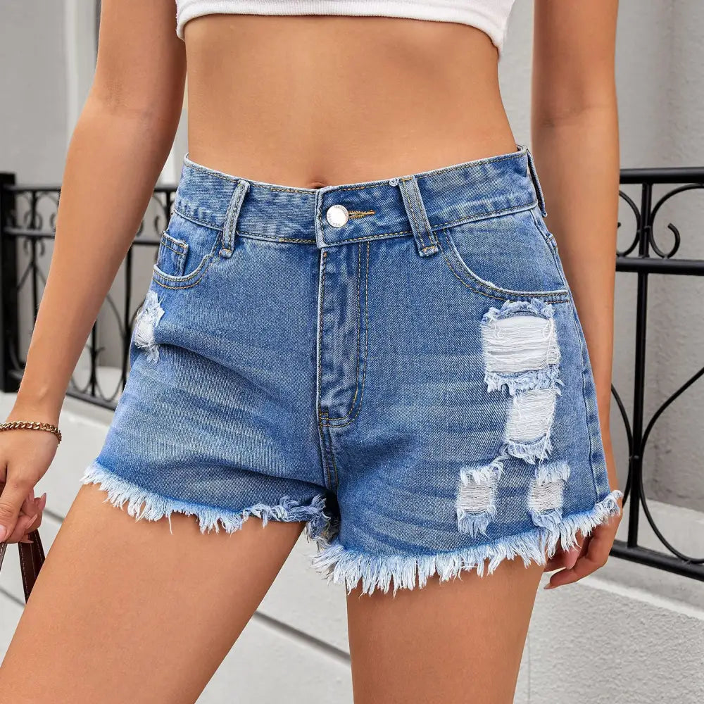 Washed Ripped Denim Shorts - S / Navy Blue