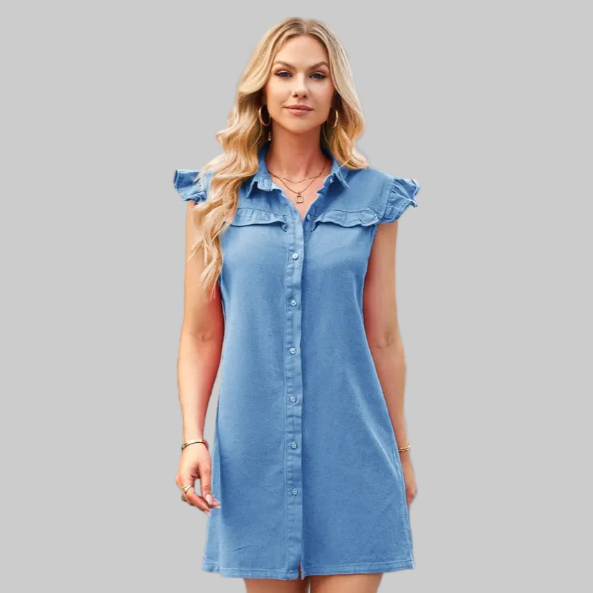 Washed Ruffled Denim Dress - Dresses
