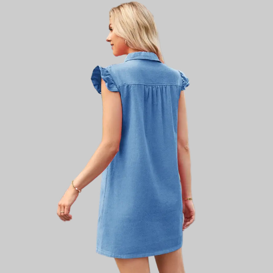 Washed Ruffled Denim Dress - S / Blue - Dresses