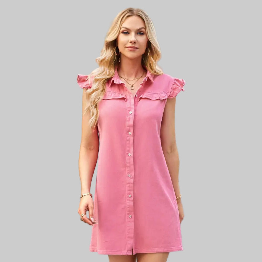 Washed Ruffled Denim Dress - S / Pink - Dresses