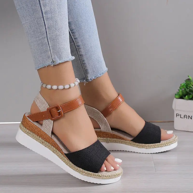 Wedge Peep Toe Sandals - 35 / Black - Shoes