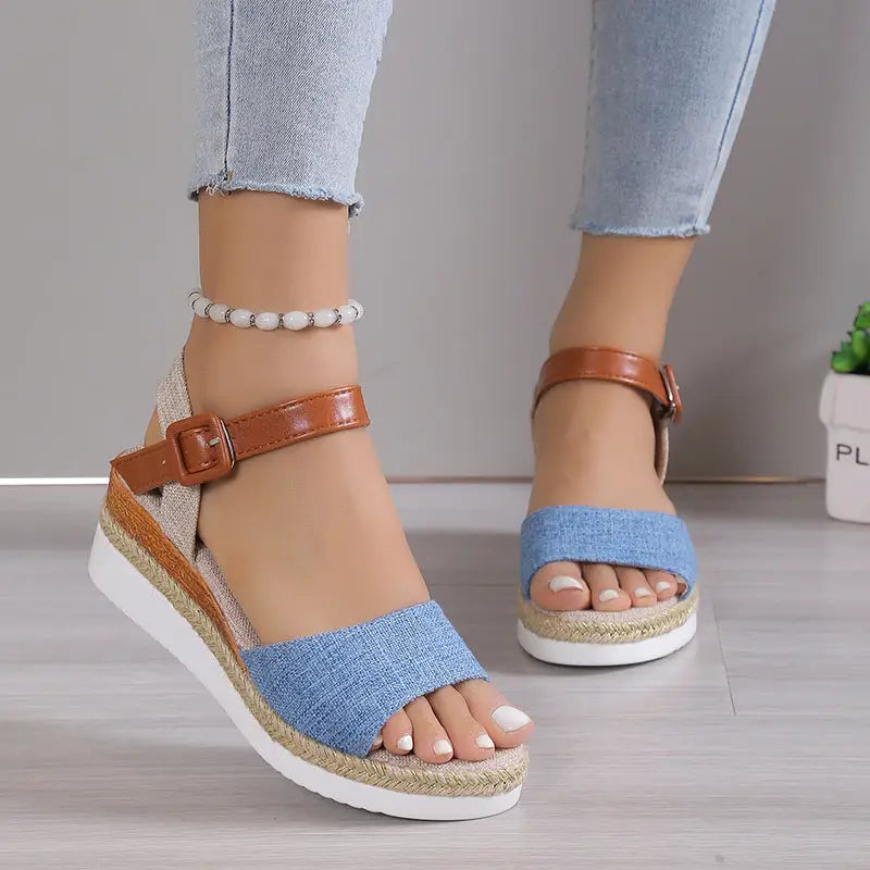 Wedge Peep Toe Sandals - 35 / Blue - Shoes