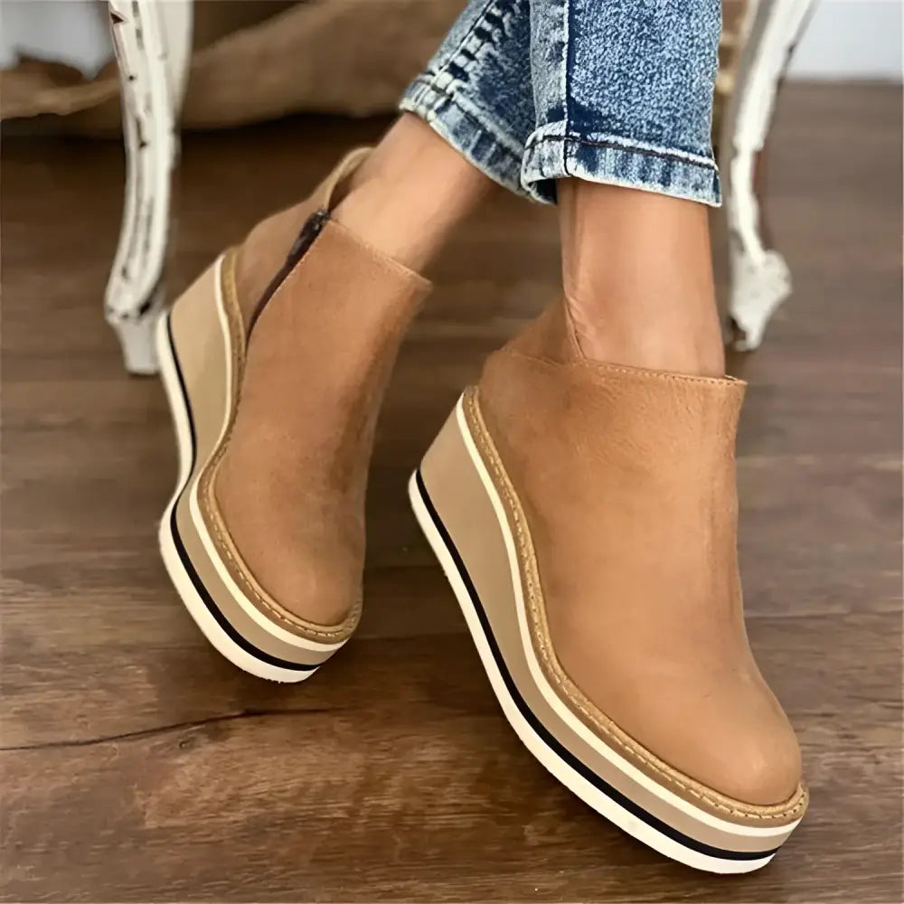 Wedge Thin Short Side Zipper Mid Heel Leather Ankle Boots - 35 / Light Brown - Shoes