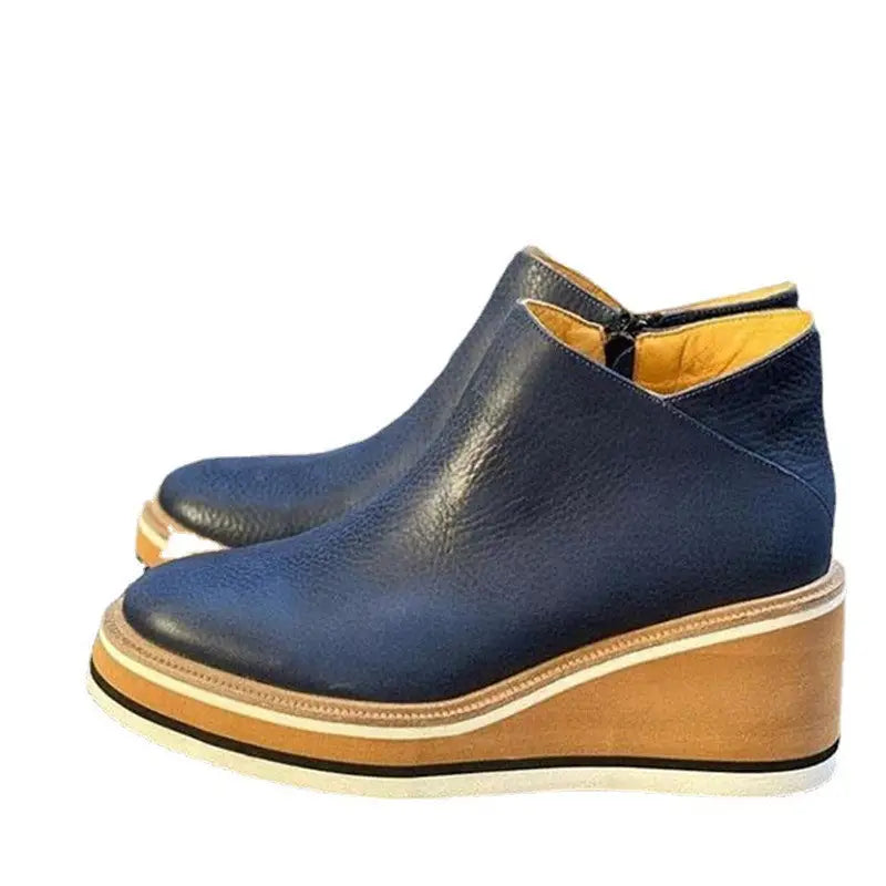 Wedge Thin Short Side Zipper Mid Heel Leather Ankle Boots - 35 / Navy Blue - Shoes