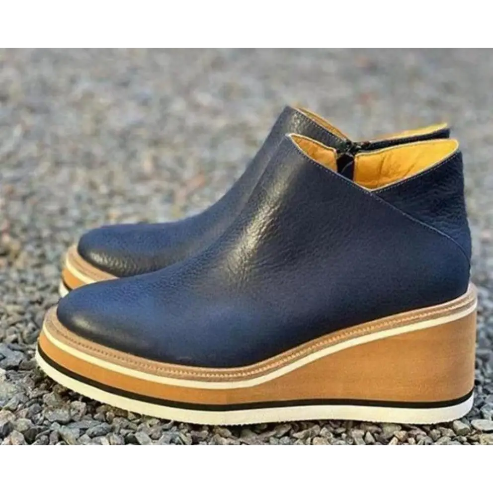 Wedge Thin Short Side Zipper Mid Heel Leather Ankle Boots - Shoes