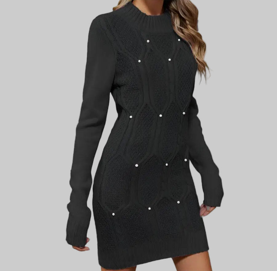 White and Lilac Women’s Knitted Sweater Dress for Women - S / Black Beaded - Dresses