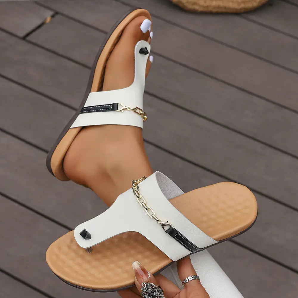 White Faux Leather Metal Black Strap Sandals - Shoes