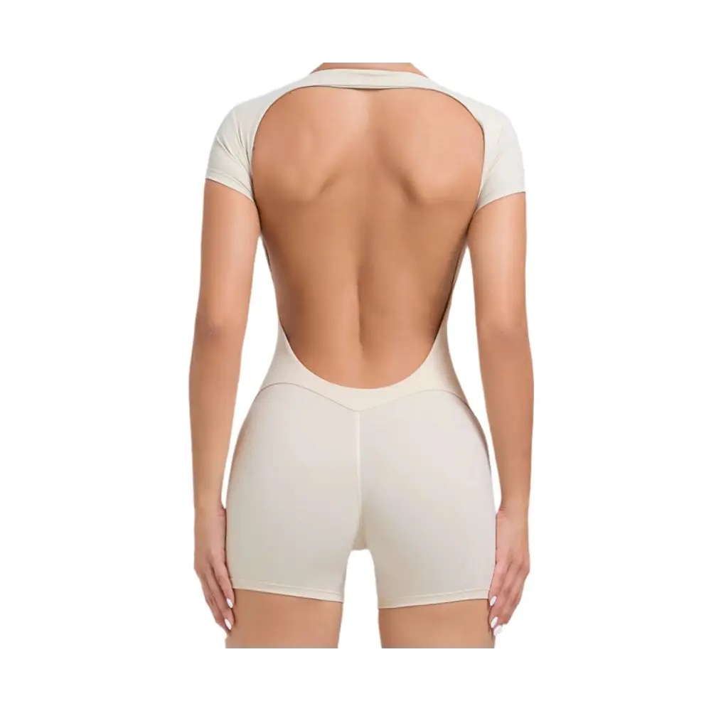 Workout Backless Hip Lift Belly Shaping Short Sleeve Yoga Romper - S / Beige - Activewear